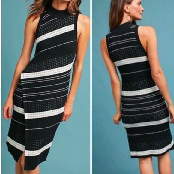 MOTH Midi Knit Dress Velda Asymmetric Stripe Mock Neck - Picture 5 of 7